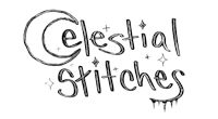 the word celestial stitches on a black background