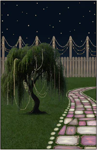 a night scene with a pathway and a tree